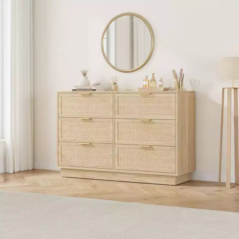6 Drawer Rattan Dresser for Bedroom, Wood Chest of Drawers with Metal Handle, Modern Versatile Organizer for Bedroom, Entryway, Hallway