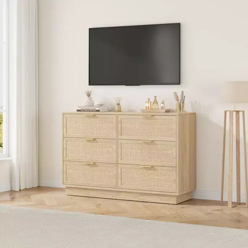 6 Drawer Rattan Dresser for Bedroom, Wood Chest of Drawers with Metal Handle, Modern Versatile Organizer for Bedroom, Entryway, Hallway