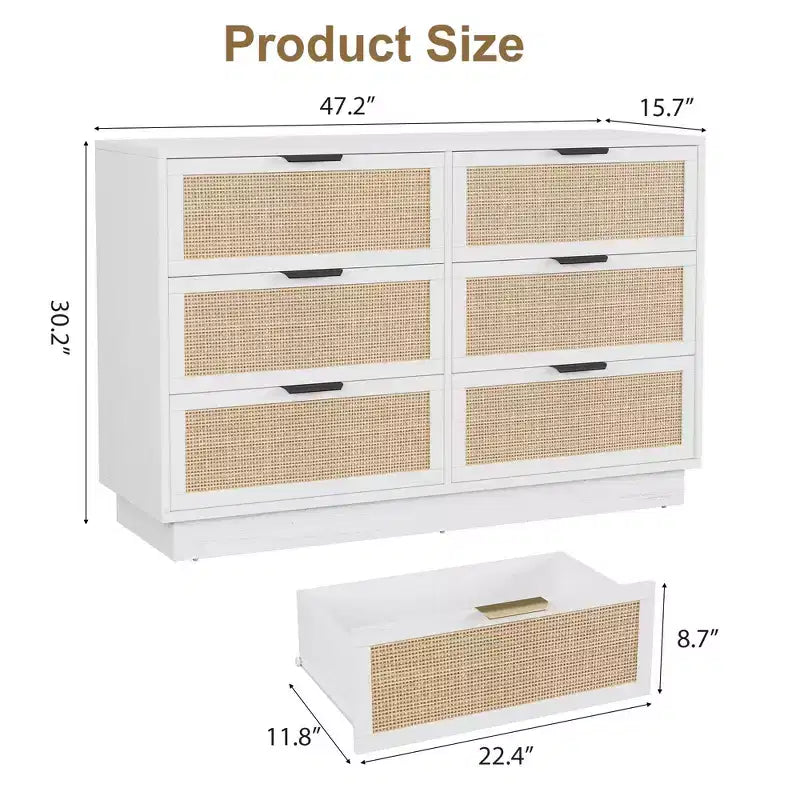 6 Drawer Rattan Dresser for Bedroom, Wood Chest of Drawers with Metal Handle, Modern Versatile Organizer for Bedroom, Entryway, Hallway