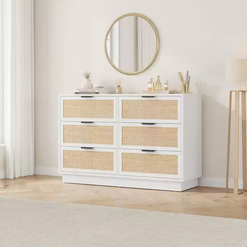 6 Drawer Rattan Dresser for Bedroom, Wood Chest of Drawers with Metal Handle, Modern Versatile Organizer for Bedroom, Entryway, Hallway