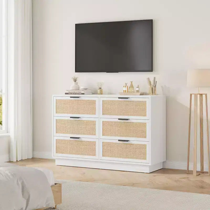 6 Drawer Rattan Dresser for Bedroom, Wood Chest of Drawers with Metal Handle, Modern Versatile Organizer for Bedroom, Entryway, Hallway