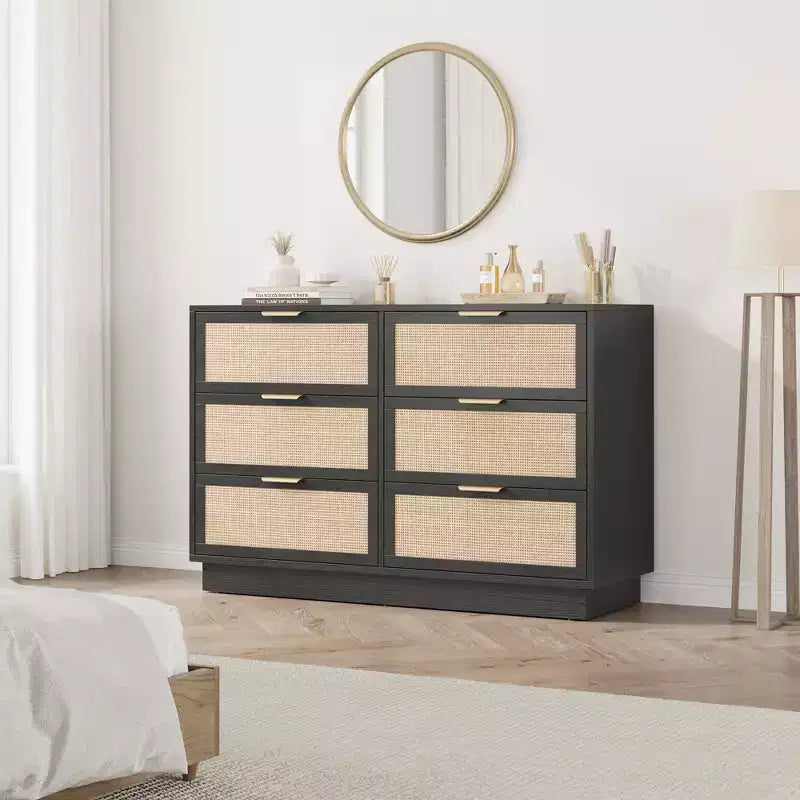 6 Drawer Rattan Dresser for Bedroom, Wood Chest of Drawers with Metal Handle, Modern Versatile Organizer for Bedroom, Entryway, Hallway