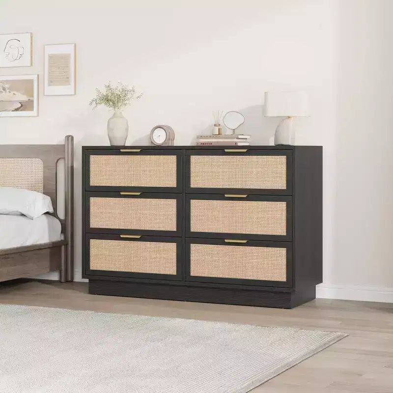 6 Drawer Rattan Dresser for Bedroom, Wood Chest of Drawers with Metal Handle, Modern Versatile Organizer for Bedroom, Entryway, Hallway