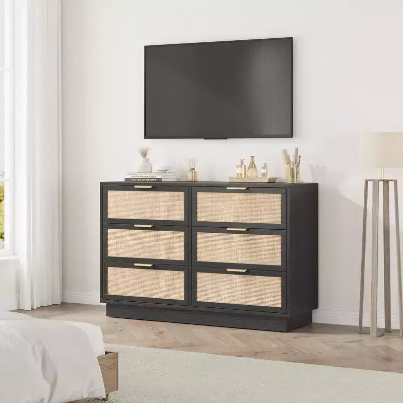 6 Drawer Rattan Dresser for Bedroom, Wood Chest of Drawers with Metal Handle, Modern Versatile Organizer for Bedroom, Entryway, Hallway