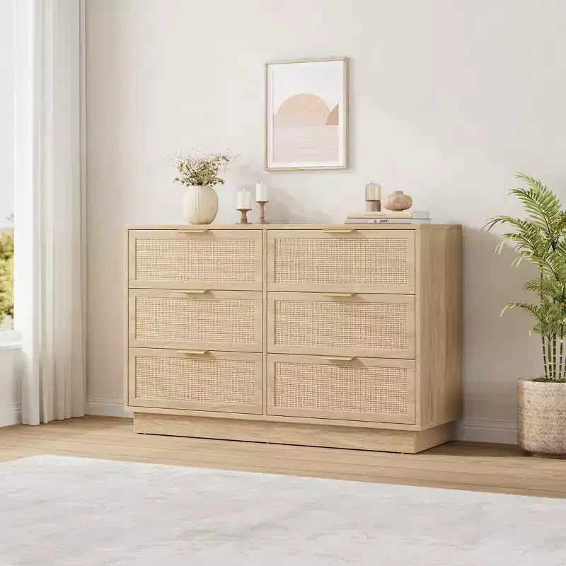 6 Drawer Rattan Dresser for Bedroom, Wood Chest of Drawers with Metal Handle, Modern Versatile Organizer for Bedroom, Entryway, Hallway