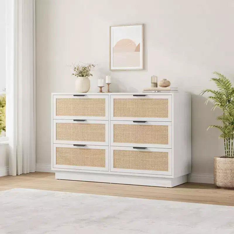 6 Drawer Rattan Dresser for Bedroom, Wood Chest of Drawers with Metal Handle, Modern Versatile Organizer for Bedroom, Entryway, Hallway