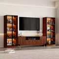 Brown Entertainment Center, Mid Century Modern Wood TV Stand with Relief Panel and Glass Display Cabinet With Lights