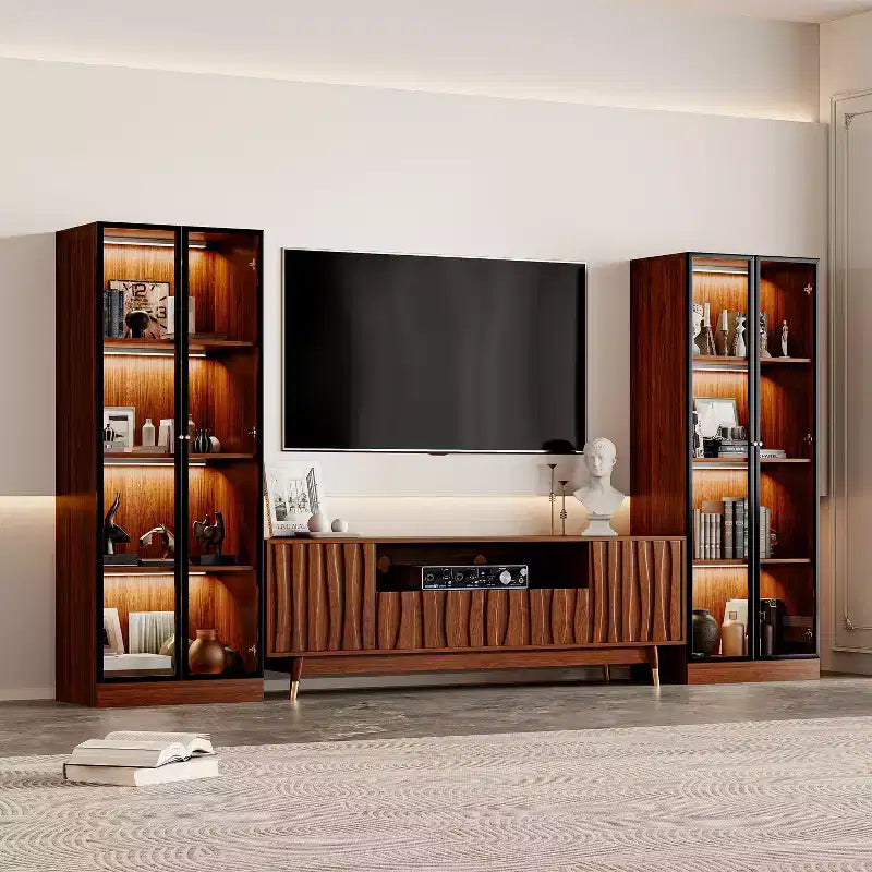 Brown Entertainment Center, Mid Century Modern Wood TV Stand with Relief Panel and Glass Display Cabinet With Lights