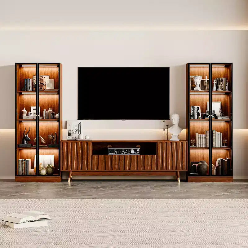 Brown Entertainment Center, Mid Century Modern Wood TV Stand with Relief Panel and Glass Display Cabinet With Lights