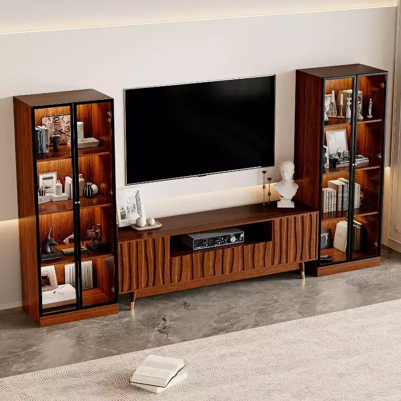 Brown Entertainment Center, Mid Century Modern Wood TV Stand with Relief Panel and Glass Display Cabinet With Lights