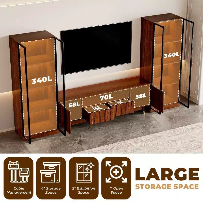 Brown Entertainment Center, Mid Century Modern Wood TV Stand with Relief Panel and Glass Display Cabinet With Lights