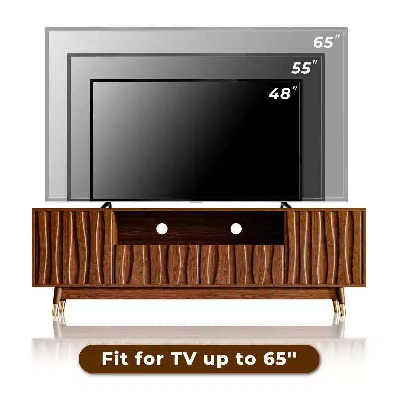 Brown Entertainment Center, Mid Century Modern Wood TV Stand with Relief Panel and Glass Display Cabinet With Lights
