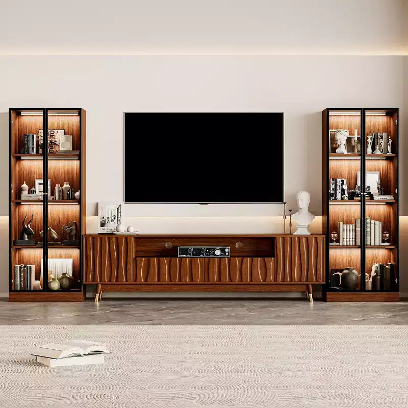 Brown Entertainment Center, Mid Century Modern Wood TV Stand with Relief Panel and Glass Display Cabinet With Lights