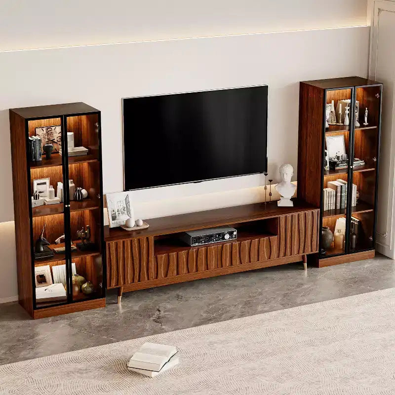 Brown Entertainment Center, Mid Century Modern Wood TV Stand with Relief Panel and Glass Display Cabinet With Lights