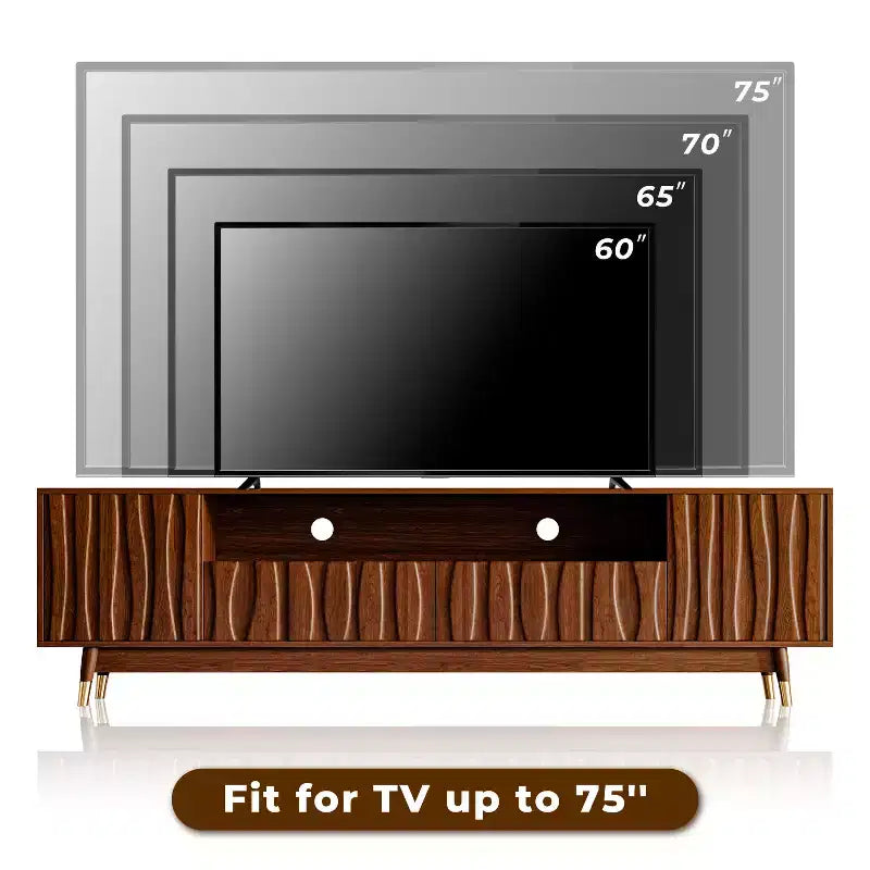Brown Entertainment Center, Mid Century Modern Wood TV Stand with Relief Panel and Glass Display Cabinet With Lights