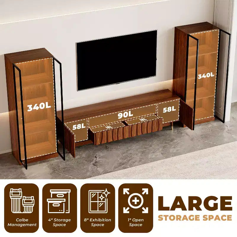 Brown Entertainment Center, Mid Century Modern Wood TV Stand with Relief Panel and Glass Display Cabinet With Lights