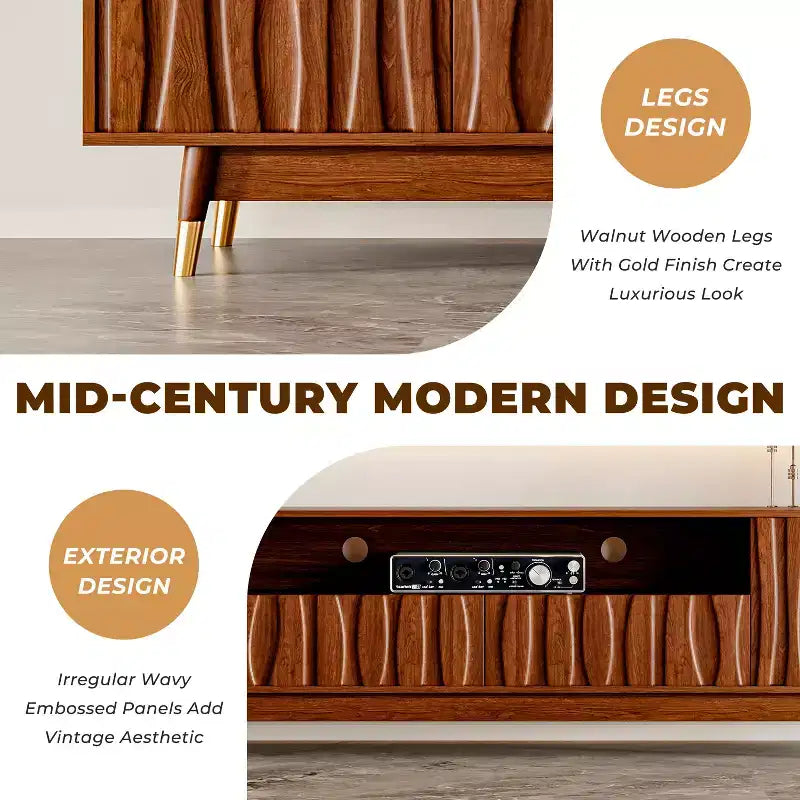 Brown Entertainment Center, Mid Century Modern Wood TV Stand with Relief Panel and Glass Display Cabinet With Lights