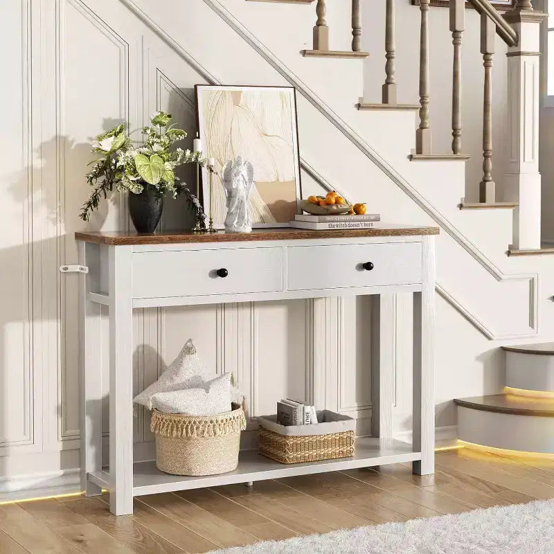 2-Tier Farmhouse Console Table with Drawers, Narrow Sofa Table for Entryway, Living Room, or Hallway - White