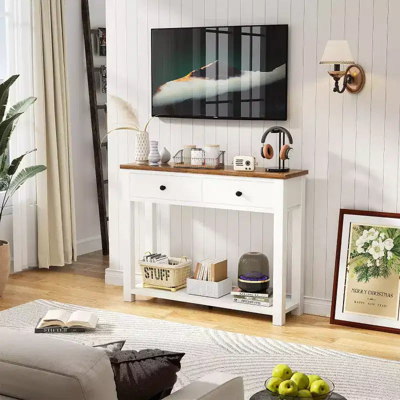 2-Tier Farmhouse Console Table with Drawers, Narrow Sofa Table for Entryway, Living Room, or Hallway - White