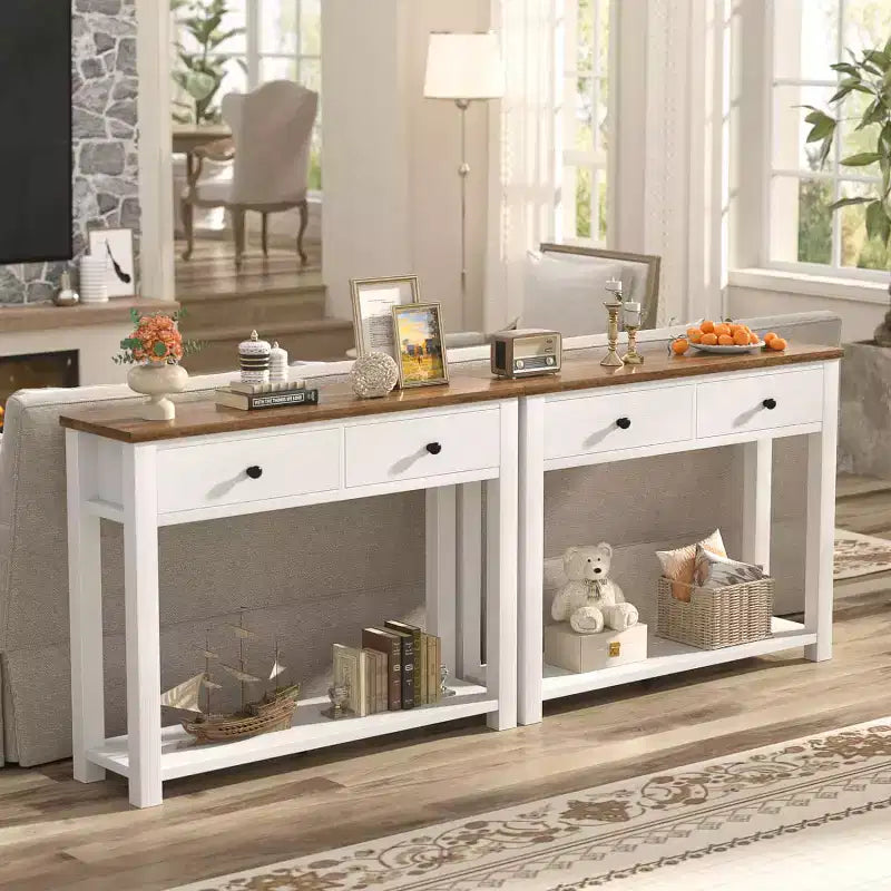 2-Tier Farmhouse Console Table with Drawers, Narrow Sofa Table for Entryway, Living Room, or Hallway - White