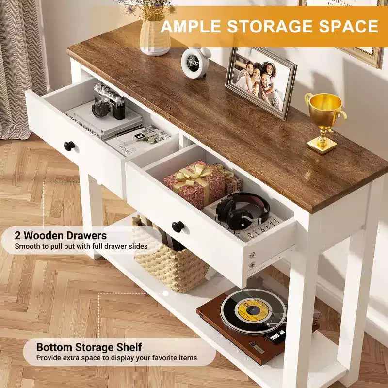 2-Tier Farmhouse Console Table with Drawers, Narrow Sofa Table for Entryway, Living Room, or Hallway - White