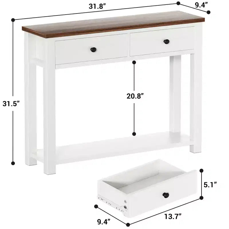 2-Tier Farmhouse Console Table with Drawers, Narrow Sofa Table for Entryway, Living Room, or Hallway - White