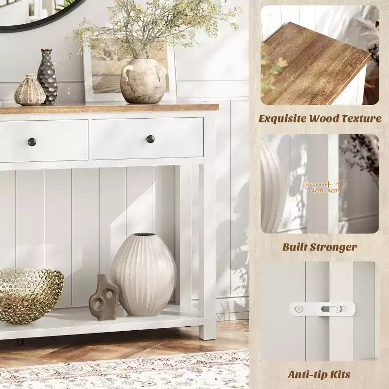 2-Tier Farmhouse Console Table with Drawers, Narrow Sofa Table for Entryway, Living Room, or Hallway - White