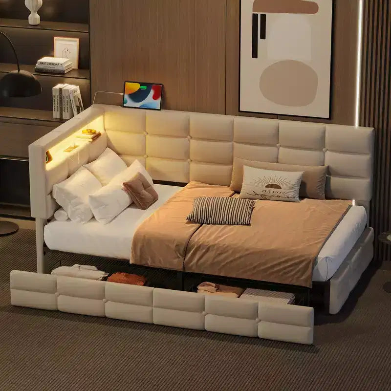 Twin Size Upholstered Daybed With 2 Drawers, Charging Station, LED Lights and Storage Headboard, Easy Assembly