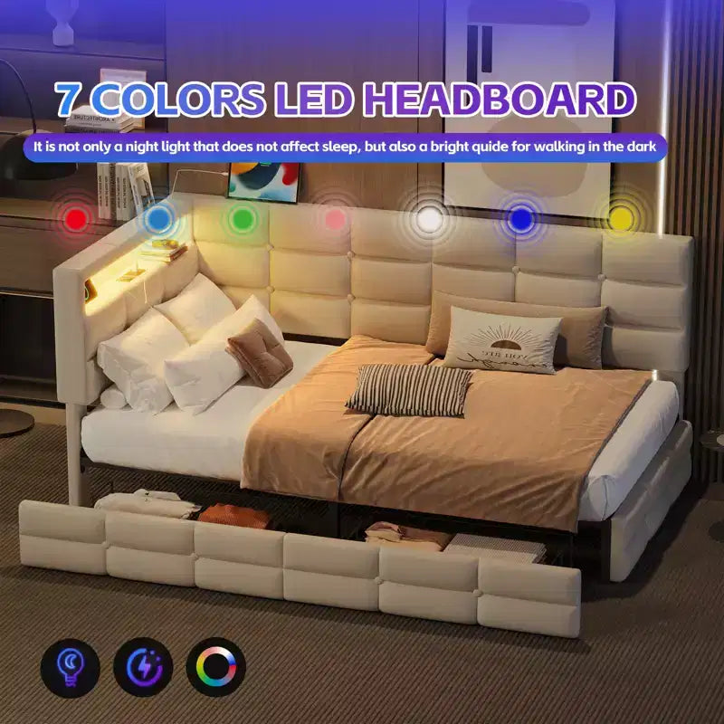 Twin Size Upholstered Daybed With 2 Drawers, Charging Station, LED Lights and Storage Headboard, Easy Assembly