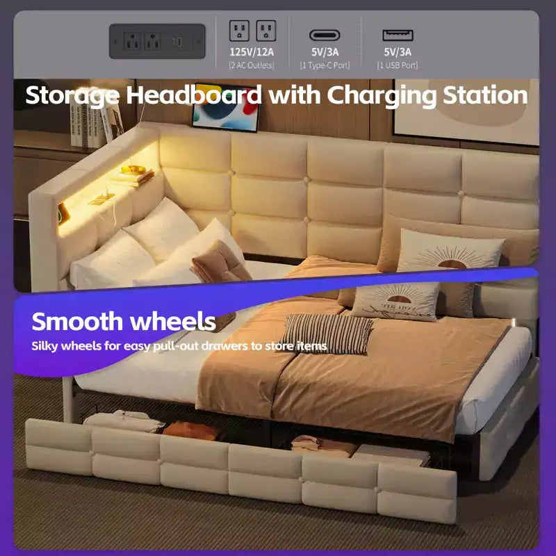 Twin Size Upholstered Daybed With 2 Drawers, Charging Station, LED Lights and Storage Headboard, Easy Assembly