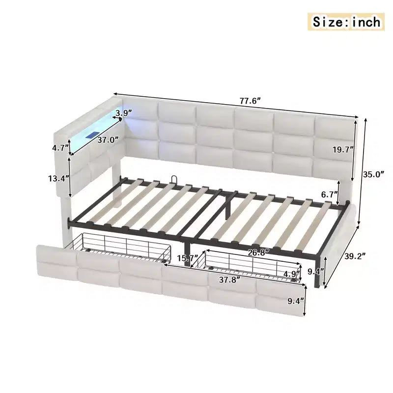 Twin Size Upholstered Daybed With 2 Drawers, Charging Station, LED Lights and Storage Headboard, Easy Assembly