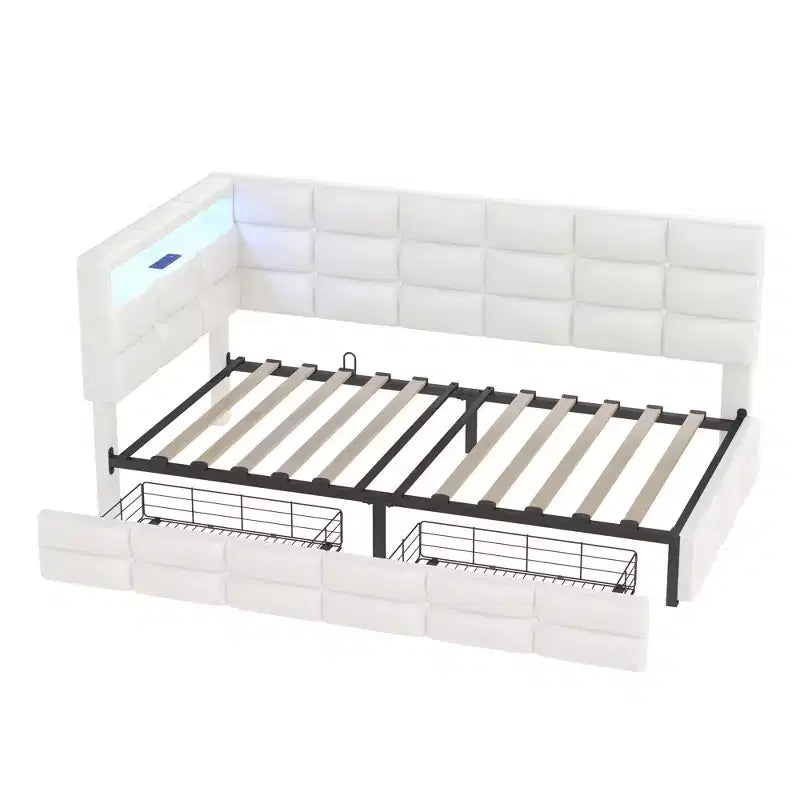 Twin Size Upholstered Daybed With 2 Drawers, Charging Station, LED Lights and Storage Headboard, Easy Assembly