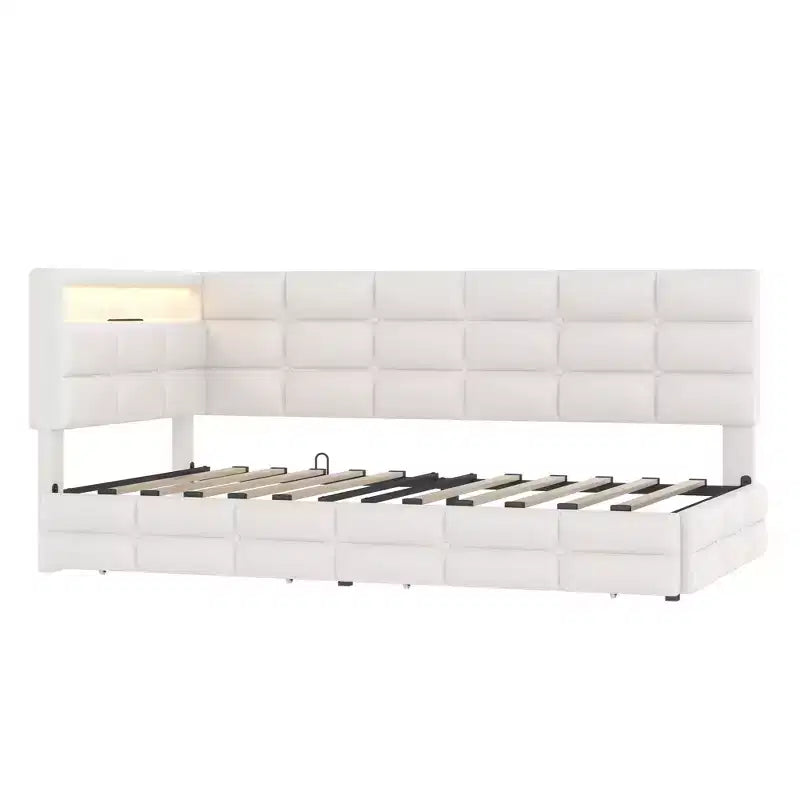 Twin Size Upholstered Daybed With 2 Drawers, Charging Station, LED Lights and Storage Headboard, Easy Assembly