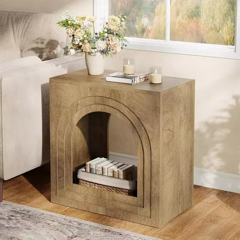 Square End Table, 2-Tier Farmhouse Side Table with Arched Open Shelf for Small Spaces, Living Room