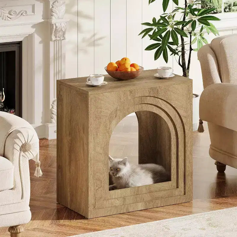 Square End Table, 2-Tier Farmhouse Side Table with Arched Open Shelf for Small Spaces, Living Room