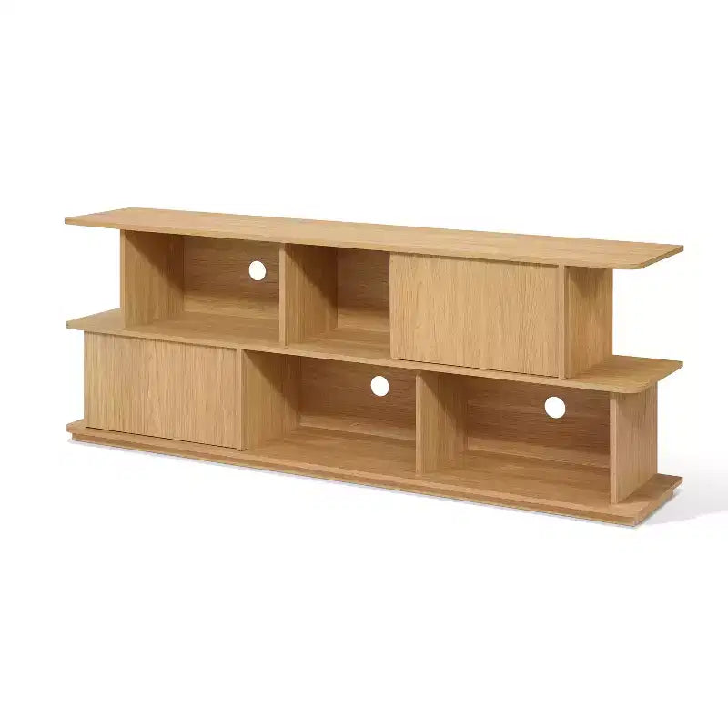 Compact 2-Layer TV Stand, Mixed Storage Console with Cabinets and Open Shelves, Brown
