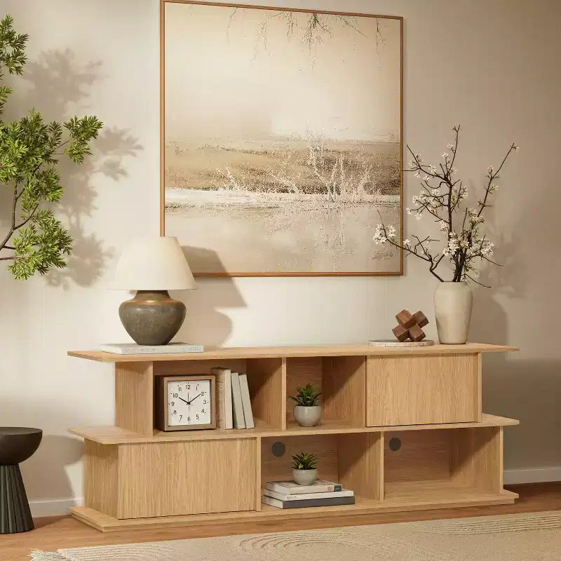 Compact 2-Layer TV Stand, Mixed Storage Console with Cabinets and Open Shelves, Brown