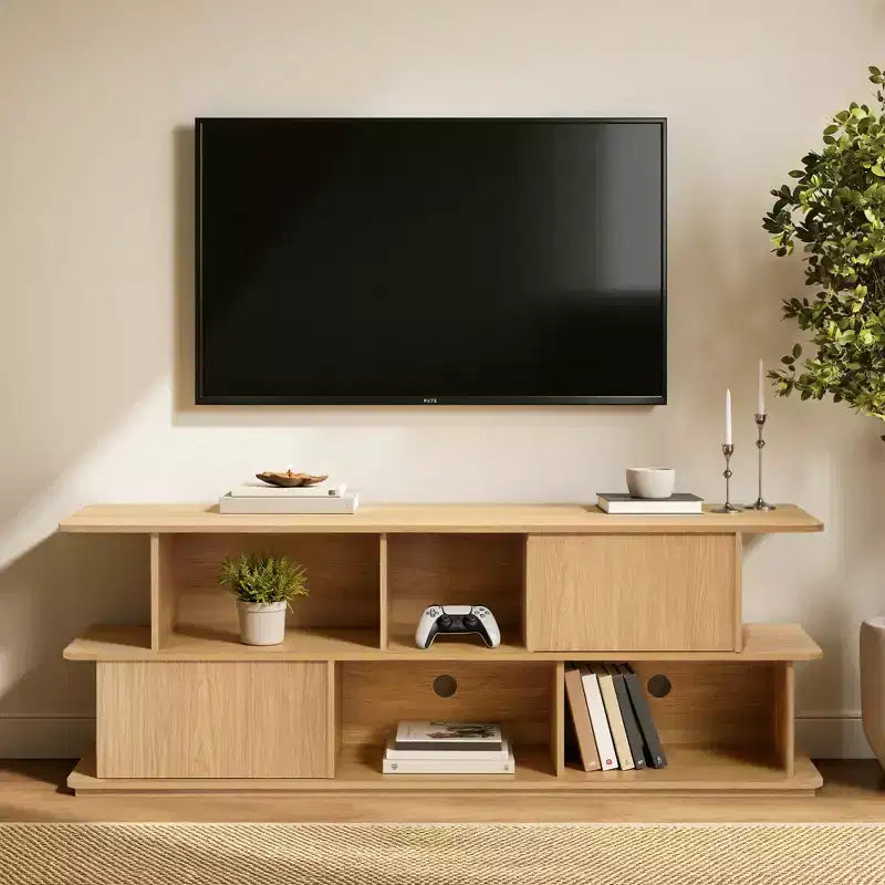 Compact 2-Layer TV Stand, Mixed Storage Console with Cabinets and Open Shelves, Brown