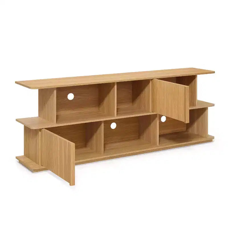 Compact 2-Layer TV Stand, Mixed Storage Console with Cabinets and Open Shelves, Brown