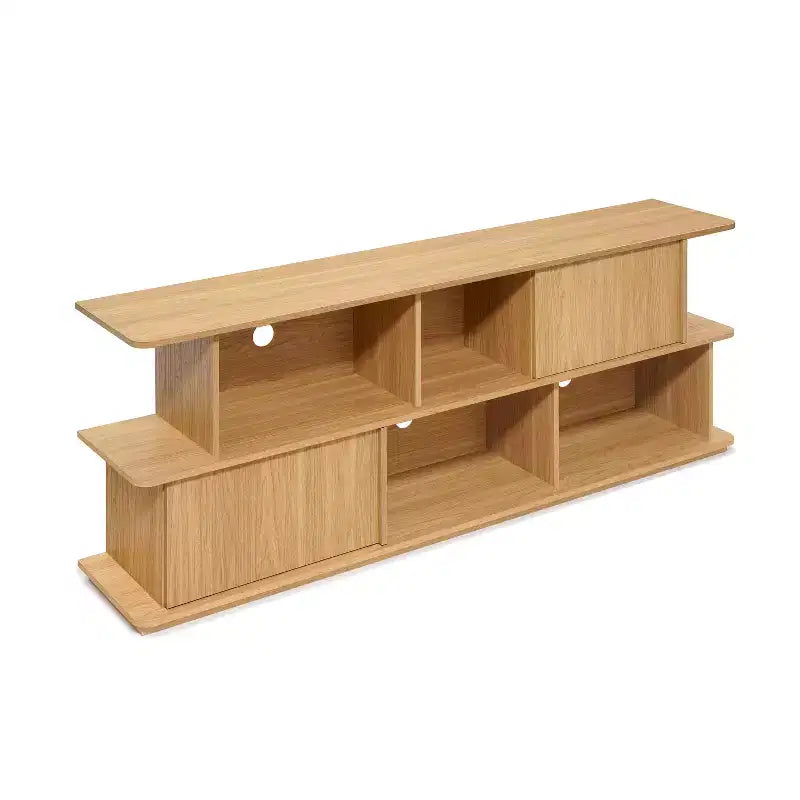 Compact 2-Layer TV Stand, Mixed Storage Console with Cabinets and Open Shelves, Brown