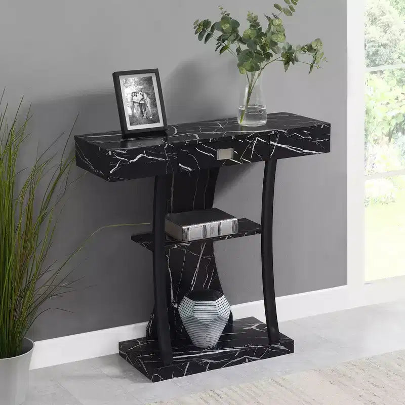1 Drawer Console Table with Shelves in Black Faux Marble