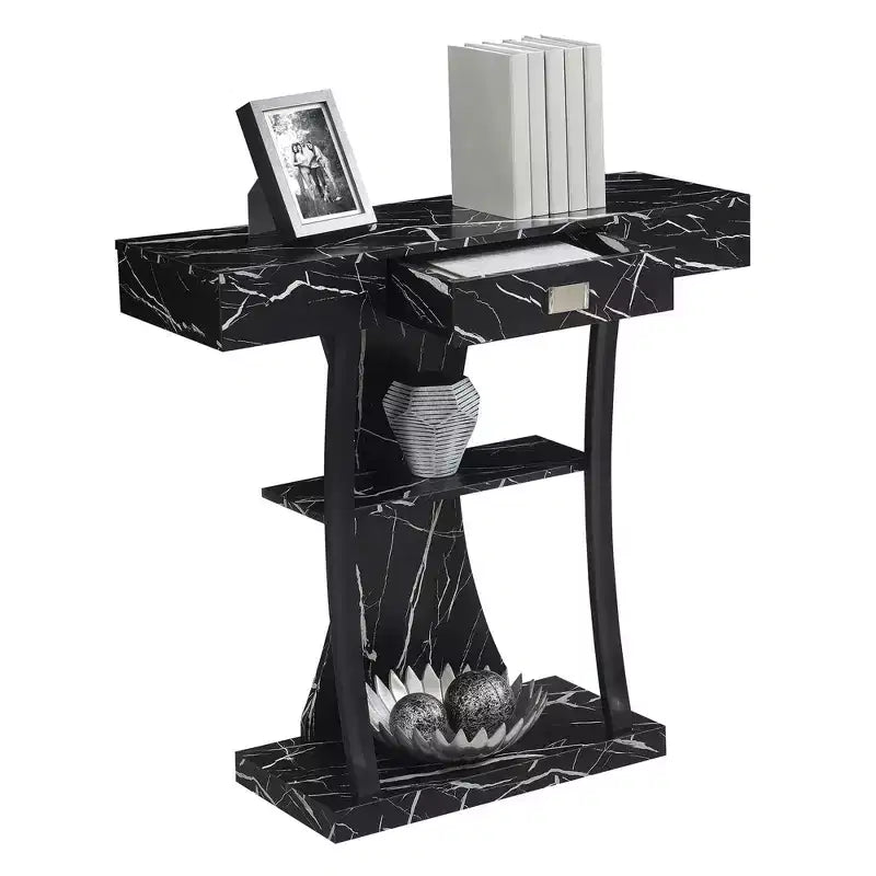 1 Drawer Console Table with Shelves in Black Faux Marble