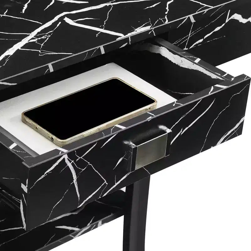 1 Drawer Console Table with Shelves in Black Faux Marble