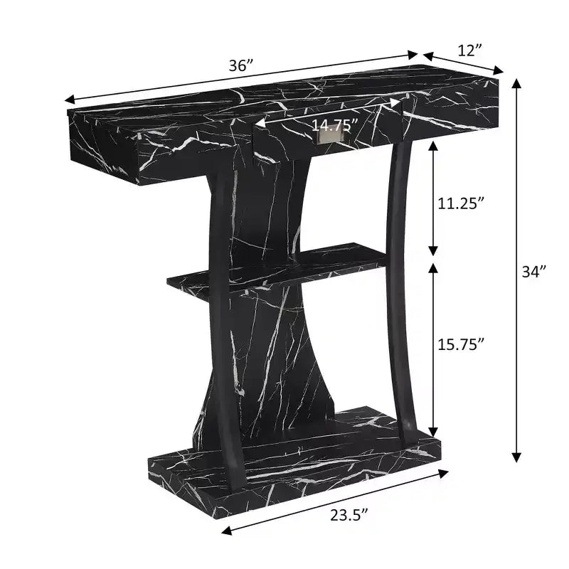 1 Drawer Console Table with Shelves in Black Faux Marble