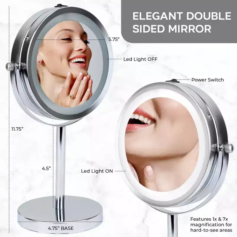 Vanity Mirror with LED Lights, 1x & 3x Magnification, Double-Sided LED Lighting, Chrome Finish, Battery Operated, 5.75-Inch Diameter