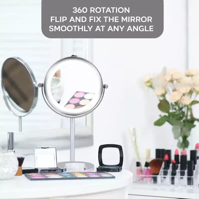 Vanity Mirror with LED Lights, 1x & 3x Magnification, Double-Sided LED Lighting, Chrome Finish, Battery Operated, 5.75-Inch Diameter