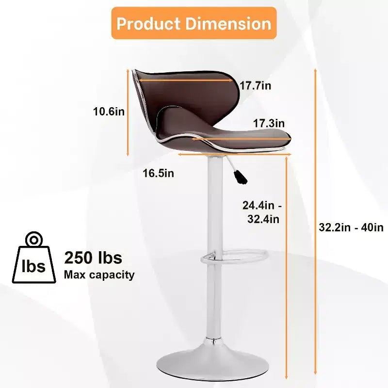 Set of 2 Counter Height Adjustable Bar Stools with 360-Degree Swivel & PU Leather, Kitchen Counter Stools Dining Chairs