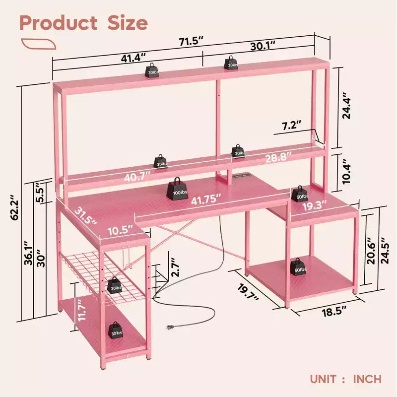 71.5 Inch L-Shaped Computer Desk with Power Outlets