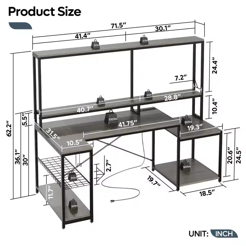 71.5 Inch L-Shaped Computer Desk with Power Outlets