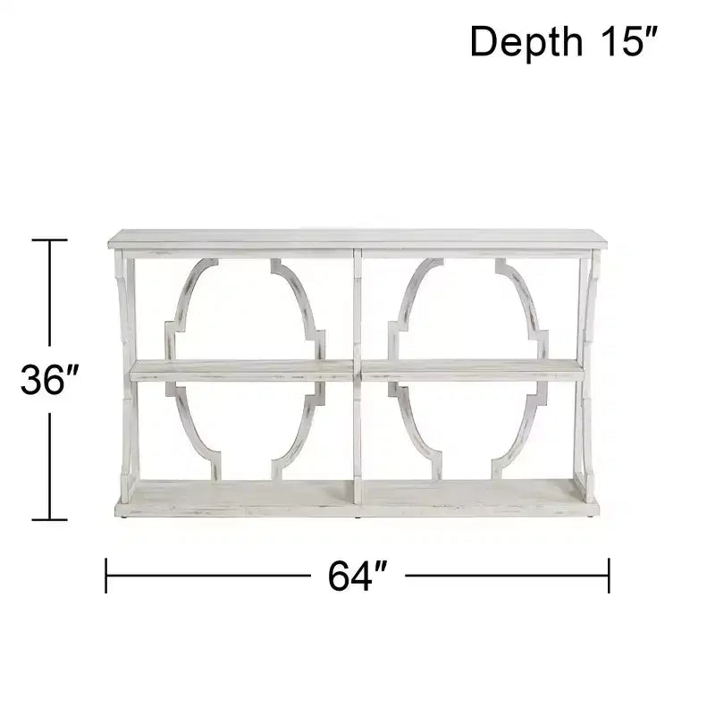 Farmhouse Antique White Rectangular Console Table 64 x 15 with Bookshelf for Living Room Bedroom Bedside